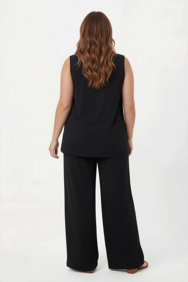 Yaka Boncuk Detaylı Kadın Büyük Beden Bluz Pantolon Takım Siyah - 5