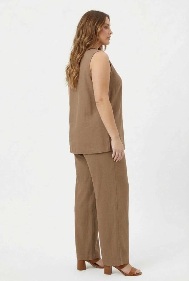 Yaka Boncuk Detaylı Kadın Büyük Beden Bluz Pantolon Takım Vizon - 2