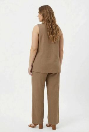 Yaka Boncuk Detaylı Kadın Büyük Beden Bluz Pantolon Takım Vizon - 4