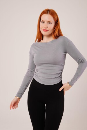 Yaka Detay Uzun Kollu Basic Gri Bluz - 4