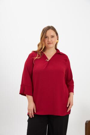 Yaka Detaylı Büyük Beden Bluz Bordo - RMG