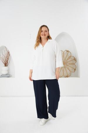 Yaka Detaylı Büyük Beden Bluz Ekru - 5