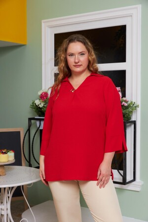 Yaka Detaylı Büyük Beden Bluz Kırmızı - RMG