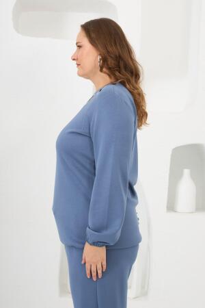 Yaka Detaylı Kol ve Eteği Büzgülü Büyük Beden Sweat İndigo - RMG (1)