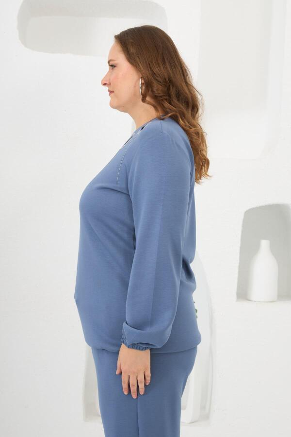 Yaka Detaylı Kol ve Eteği Büzgülü Büyük Beden Sweat İndigo - 2