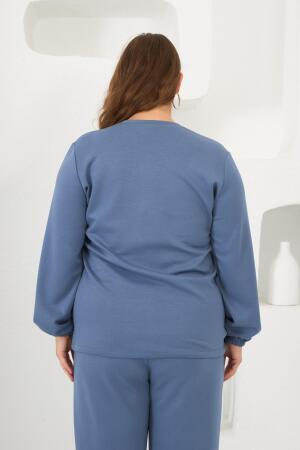 Yaka Detaylı Kol ve Eteği Büzgülü Büyük Beden Sweat İndigo - 4