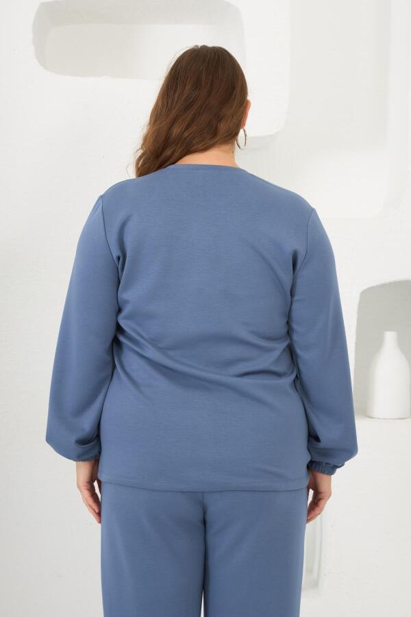 Yaka Detaylı Kol ve Eteği Büzgülü Büyük Beden Sweat İndigo - 4