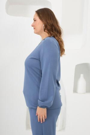 Yaka Detaylı Kol ve Eteği Büzgülü Büyük Beden Sweat İndigo - 2