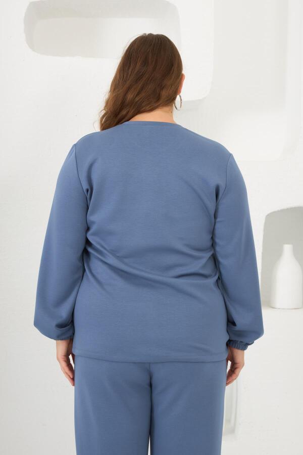 Yaka Detaylı Kol ve Eteği Büzgülü Büyük Beden Sweat İndigo - 4