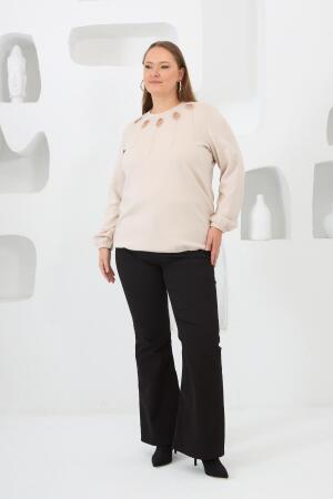 Yaka Detaylı Kol ve Eteği Büzgülü Büyük Beden Sweat Krem - 5