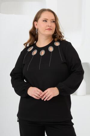 Yaka Detaylı Kol ve Eteği Büzgülü Büyük Beden Sweat Siyah - 1