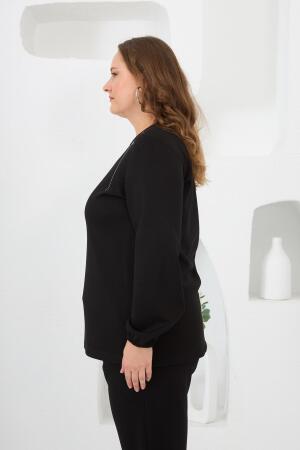 Yaka Detaylı Kol ve Eteği Büzgülü Büyük Beden Sweat Siyah - 2