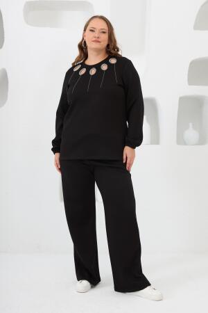 Yaka Detaylı Kol ve Eteği Büzgülü Büyük Beden Sweat Siyah - 5