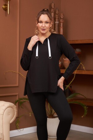 Yaka Detaylı Yırtmaçlı Büyük Beden Siyah Sweatshirt - 1