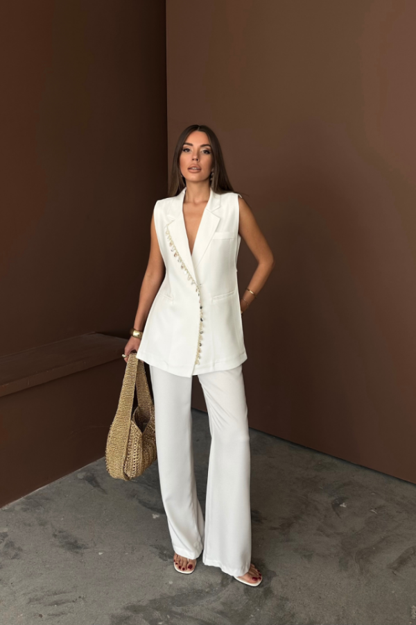 YAKA MİDYE KABUĞU SIRALI YELEK - PANTOLONTAKIM KETEN KUMAŞ - Beyaz - 1