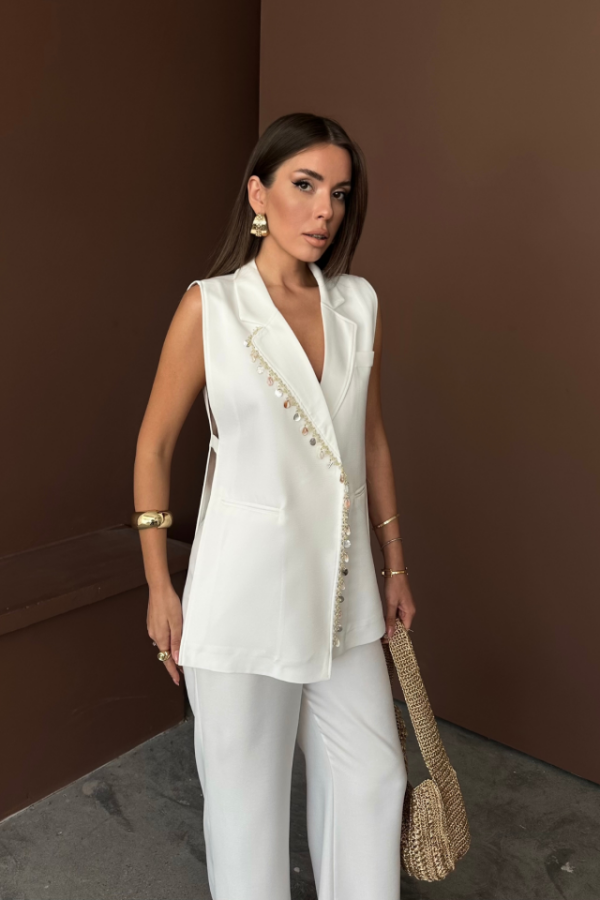 YAKA MİDYE KABUĞU SIRALI YELEK - PANTOLONTAKIM KETEN KUMAŞ - Beyaz - 2