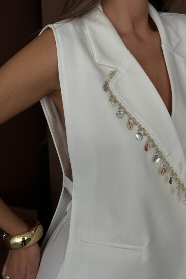 YAKA MİDYE KABUĞU SIRALI YELEK - PANTOLONTAKIM KETEN KUMAŞ - Beyaz - 3