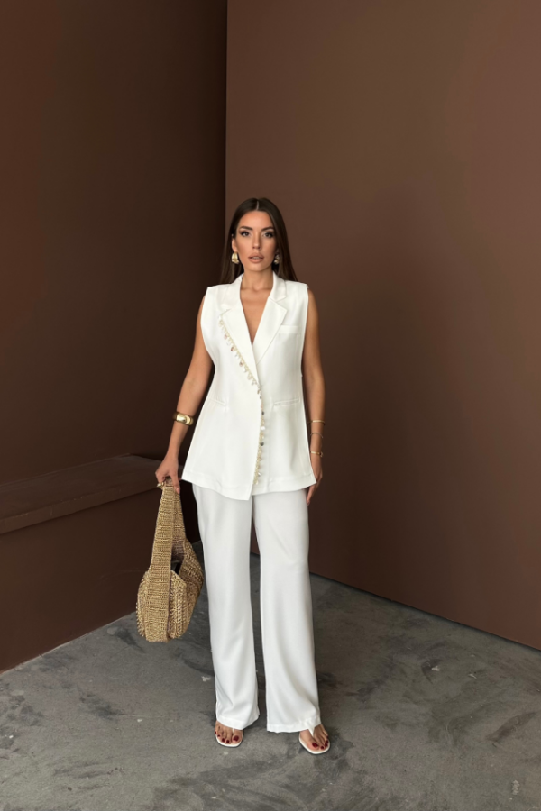 YAKA MİDYE KABUĞU SIRALI YELEK - PANTOLONTAKIM KETEN KUMAŞ - Beyaz - 4