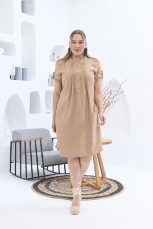 Yaka Pileli Büyük Beden Vizon Elbise - RMG