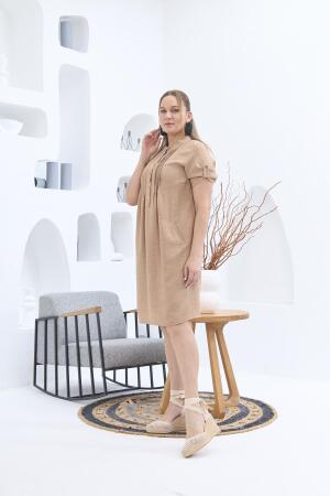 Yaka Pileli Büyük Beden Vizon Elbise - RMG (1)