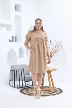 Yaka Pileli Büyük Beden Vizon Elbise - 3