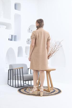 Yaka Pileli Büyük Beden Vizon Elbise - 4