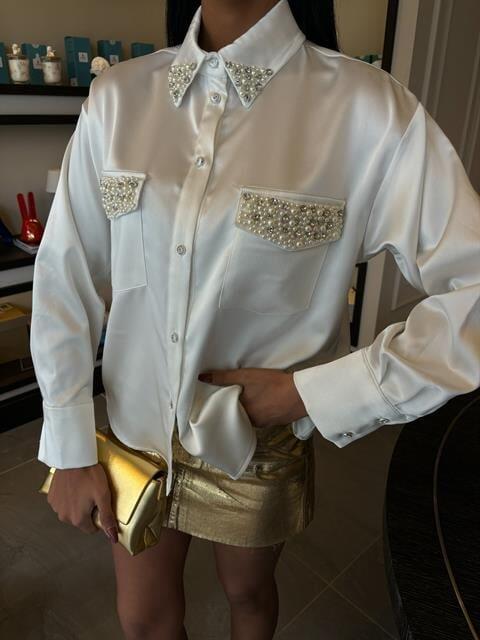 Yaka Ve Cep İnci Taşlı Saten Gömlek 3423 - 6