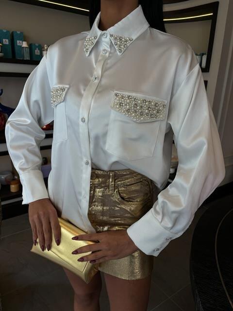 Yaka Ve Cep İnci Taşlı Saten Gömlek 3423 - 7