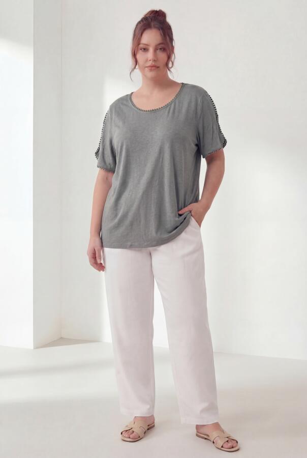 Yaka Ve Kol Güpürlü Kadın Büyük Beden Tişört Gri - 3