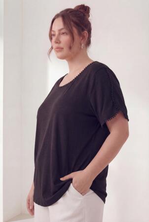 Yaka Ve Kol Güpürlü Kadın Büyük Beden Tişört Siyah - RMG (1)