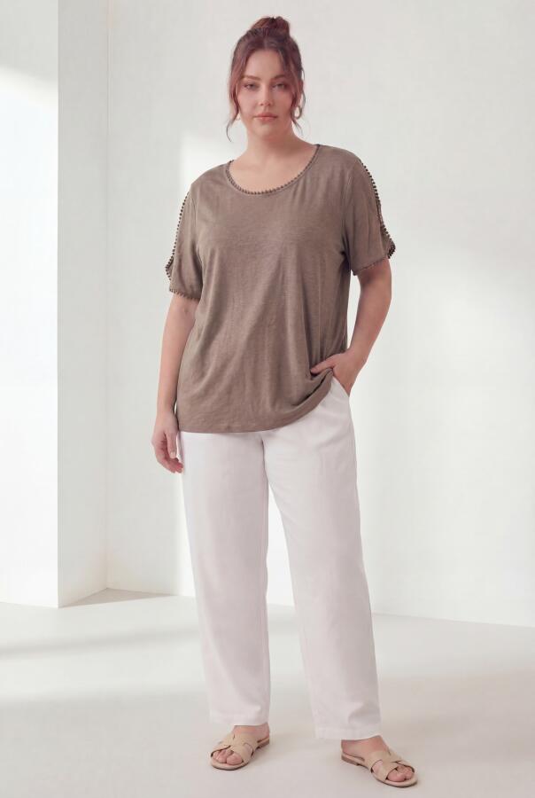 Yaka Ve Kol Güpürlü Kadın Büyük Beden Tişört Vizon - 3