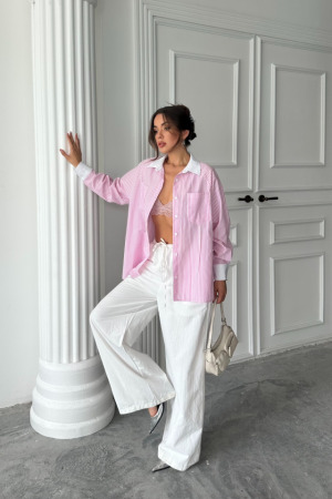 YAKA VE MANŞET BEYAZBOYFRİEND ÇİZGİLİPOPLİN GÖMLEK - Pembe - ANGELINO BuyukBedeniz