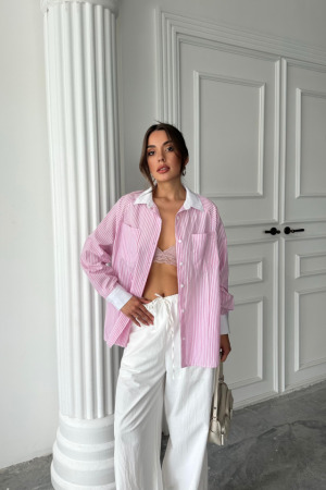 YAKA VE MANŞET BEYAZBOYFRİEND ÇİZGİLİPOPLİN GÖMLEK - Pembe - 3