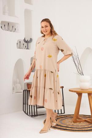 Yaka ve Nakış Detay Büyük Beden Elbise Vizon - 6