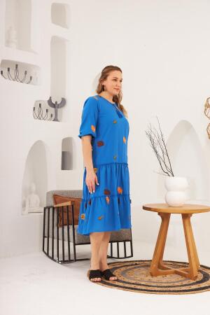 Yaka ve Nakış Detaylı Büyük Beden Elbise İndigo - 4