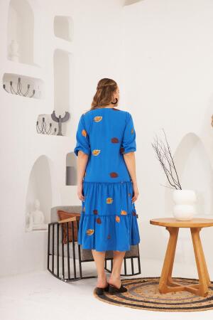 Yaka ve Nakış Detaylı Büyük Beden Elbise İndigo - 6