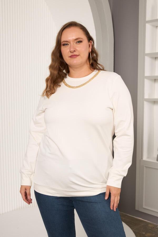 Yaka Zincir Detaylı Büyük Beden Sweatshirt Ekru - 1