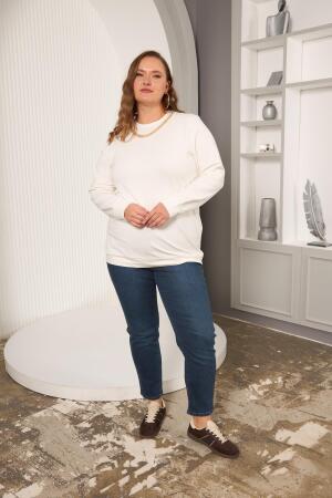 Yaka Zincir Detaylı Büyük Beden Sweatshirt Ekru - 4