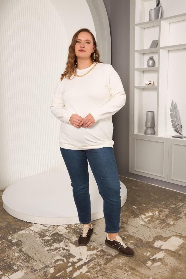 Yaka Zincir Detaylı Büyük Beden Sweatshirt Ekru - 4