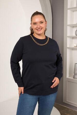 Yaka Zincir Detaylı Büyük Beden Sweatshirt Lacivert - RMG