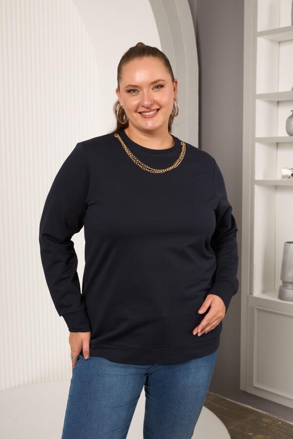 Yaka Zincir Detaylı Büyük Beden Sweatshirt Lacivert - 1