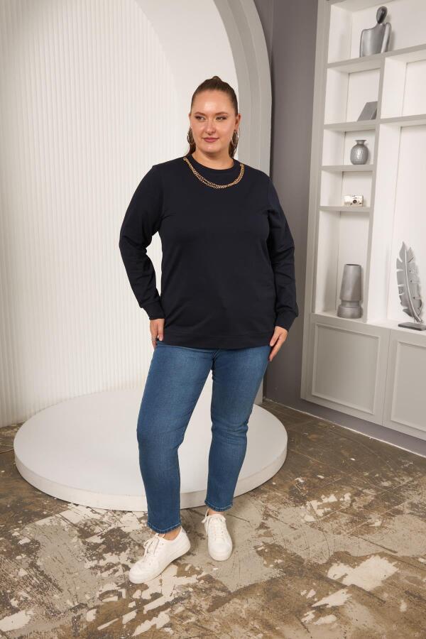 Yaka Zincir Detaylı Büyük Beden Sweatshirt Lacivert - 4