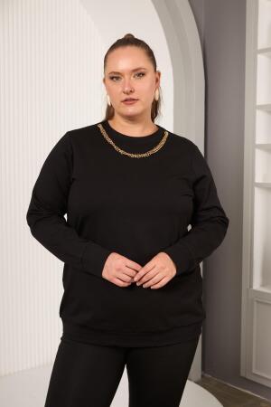 Yaka Zincir Detaylı Büyük Beden Sweatshirt Siyah - 1