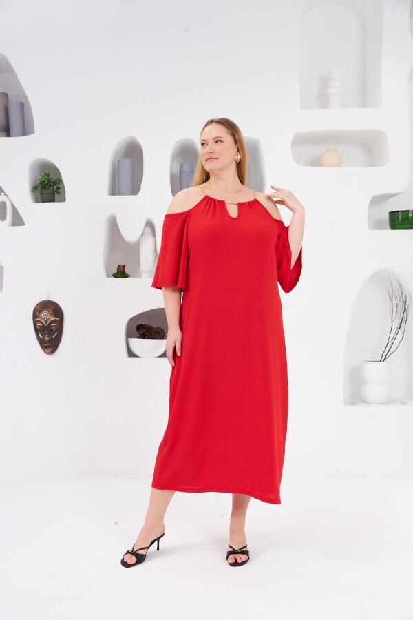 Yaka Zincirli Büyük Beden Günlük Elbise Kırmızı - 1