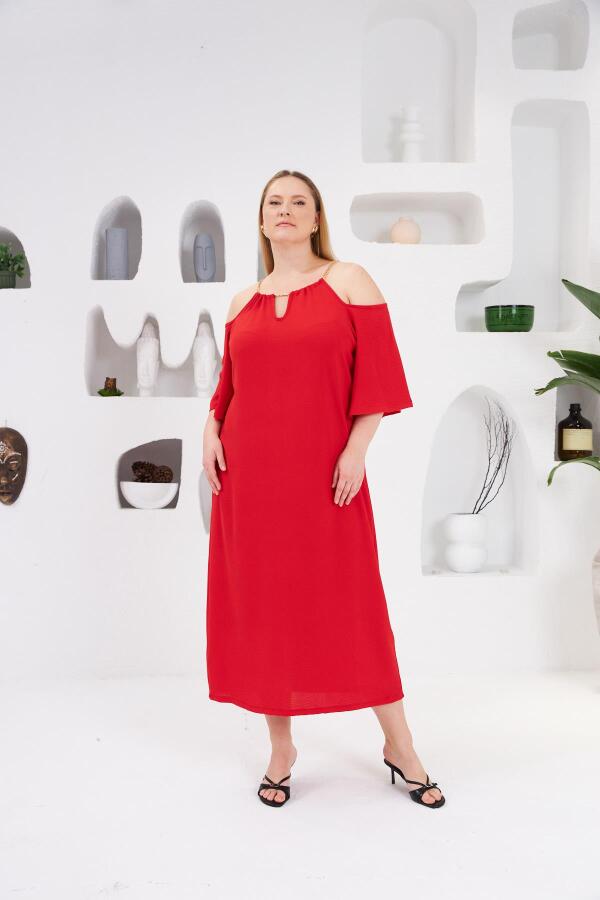 Yaka Zincirli Büyük Beden Günlük Elbise Kırmızı - 2