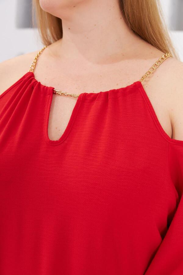 Yaka Zincirli Büyük Beden Günlük Elbise Kırmızı - 4