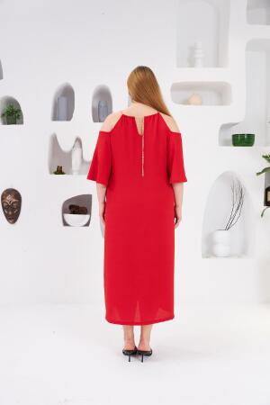 Yaka Zincirli Büyük Beden Günlük Elbise Kırmızı - 6