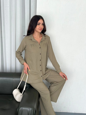 Yakalı Düğmeli Uzun Kollu Gömlek Pantolon Ikili Takım - Bej - 2