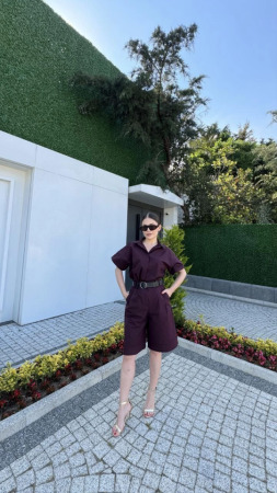 Yakalı Gömlek Kemerli Şortlu Takım - Bordo - ANGELINO BuyukBedeniz (1)