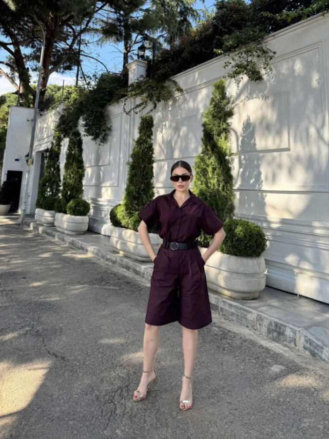 Yakalı Gömlek Kemerli Şortlu Takım - Bordo - 3